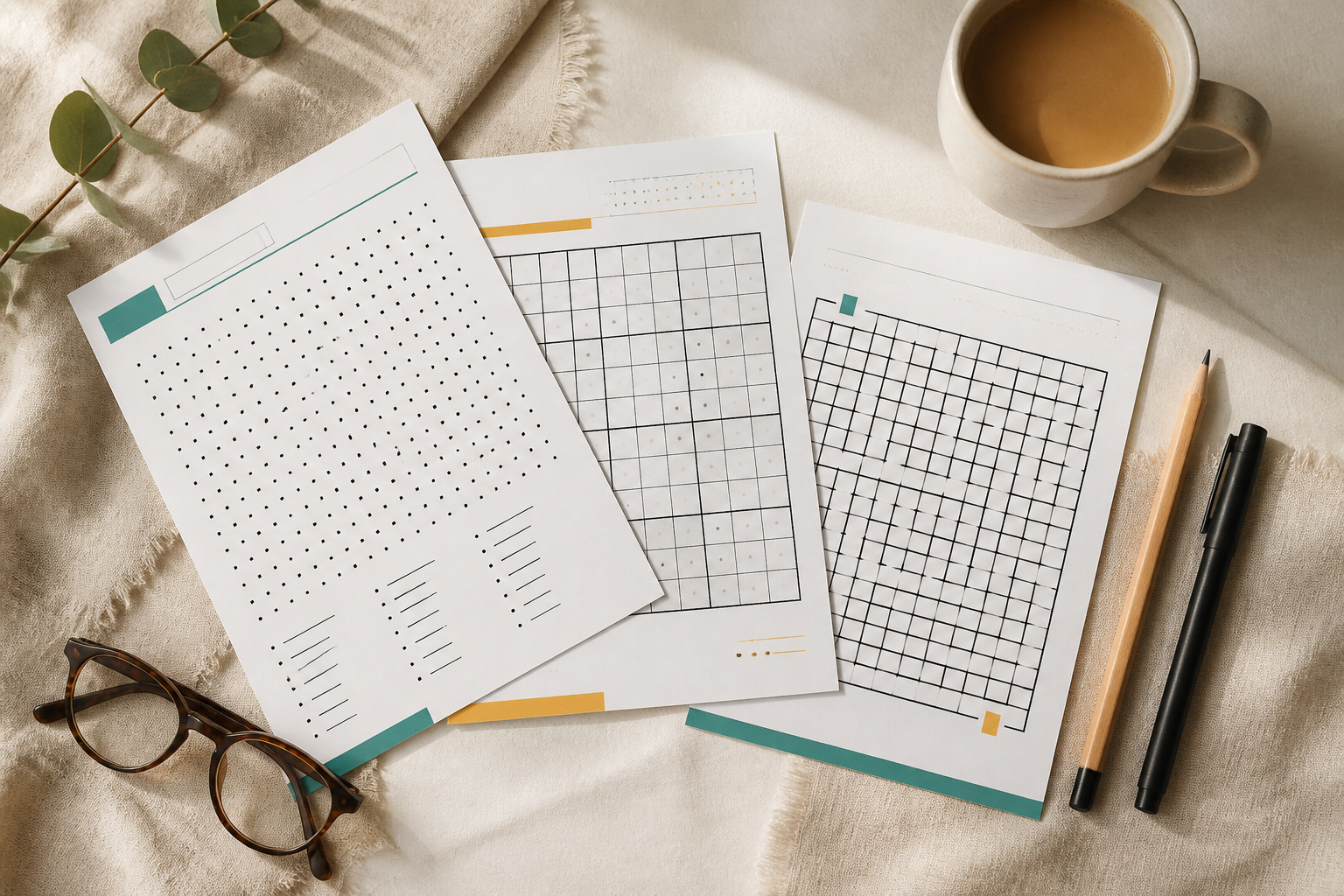 Printable word search, sudoku and maze pages with a coffee mug, pencil, pen and reading glasses